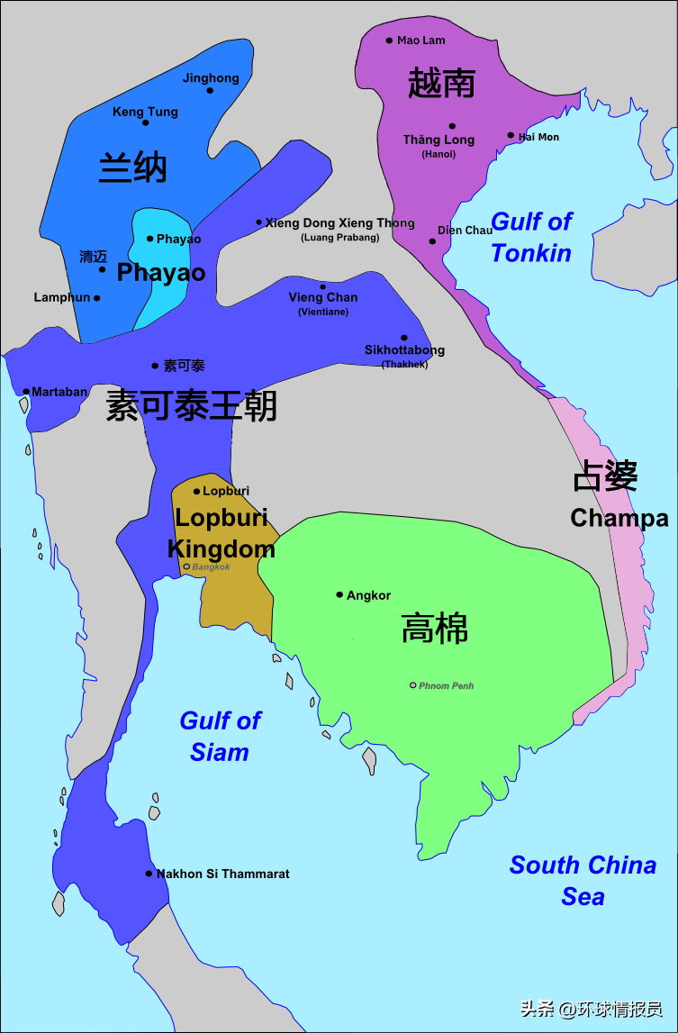 素可泰王国占据克拉地峡（蓝）